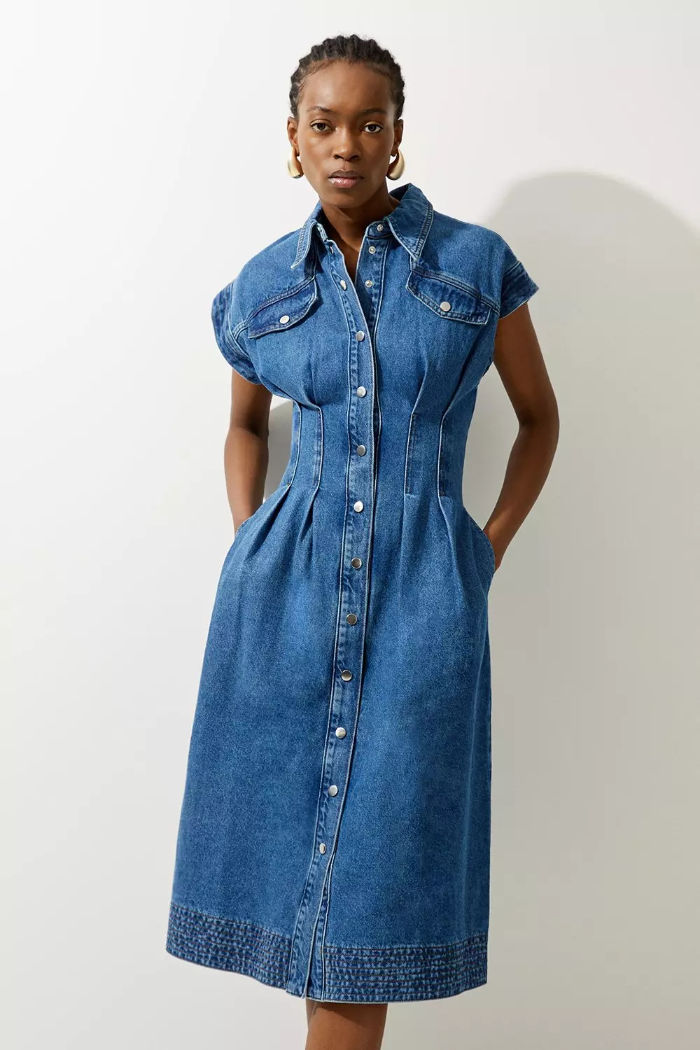 Denim Button Through Darted Waist Maxi Shirt Dress | Karen